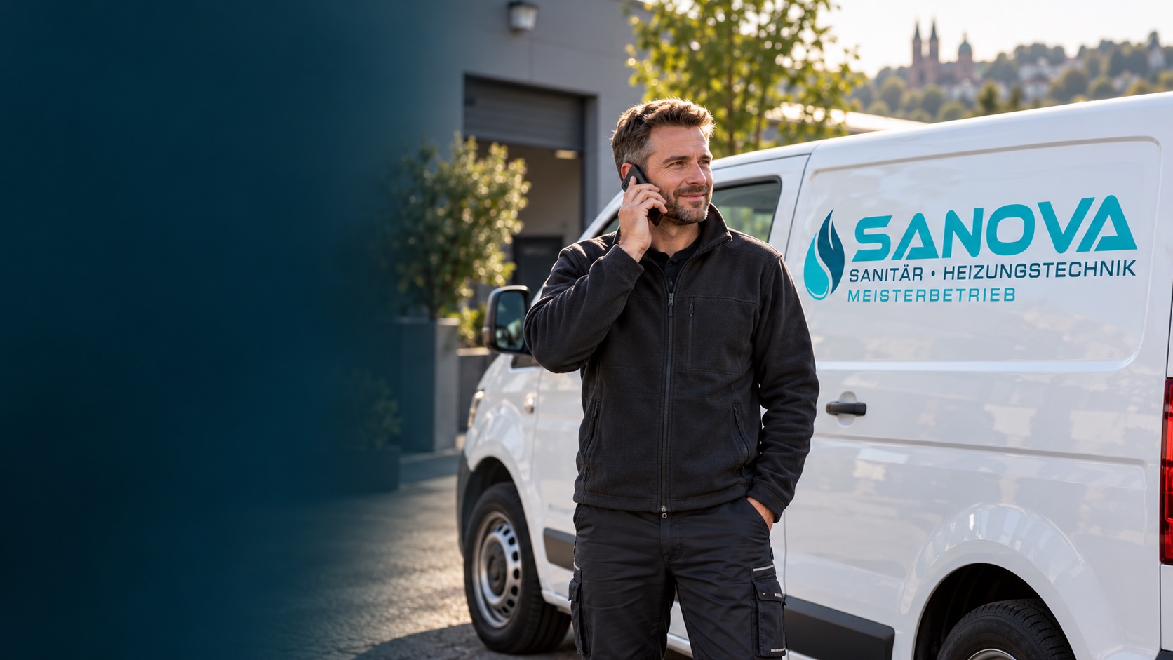 Sanova-Techniker telefoniert vor dem Firmenwagen in Wiesbaden