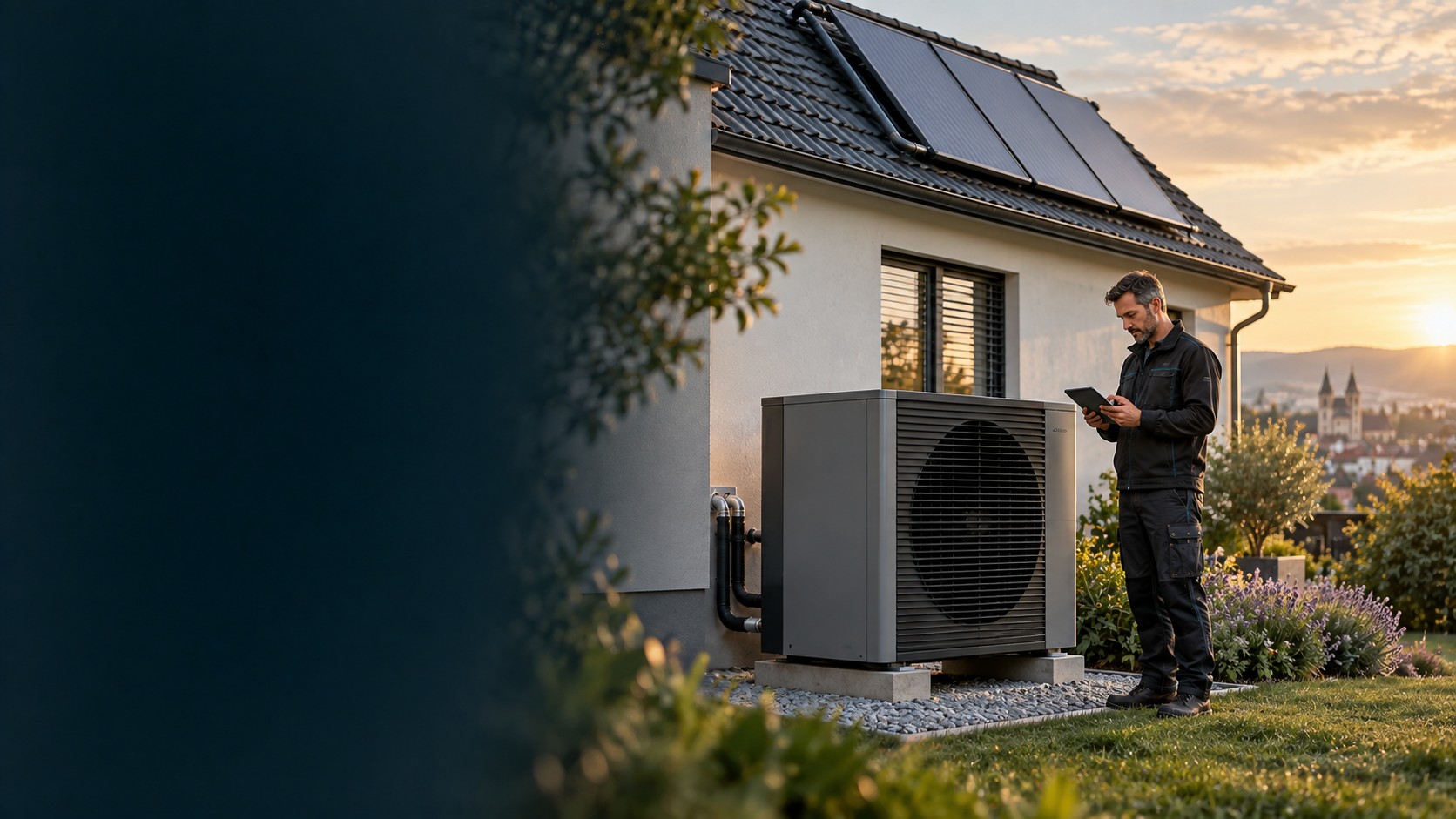 Sanova-Techniker installiert eine Wärmepumpe mit Solarthermie-Anlage an einem Einfamilienhaus in Wiesbaden bei Sonnenuntergang