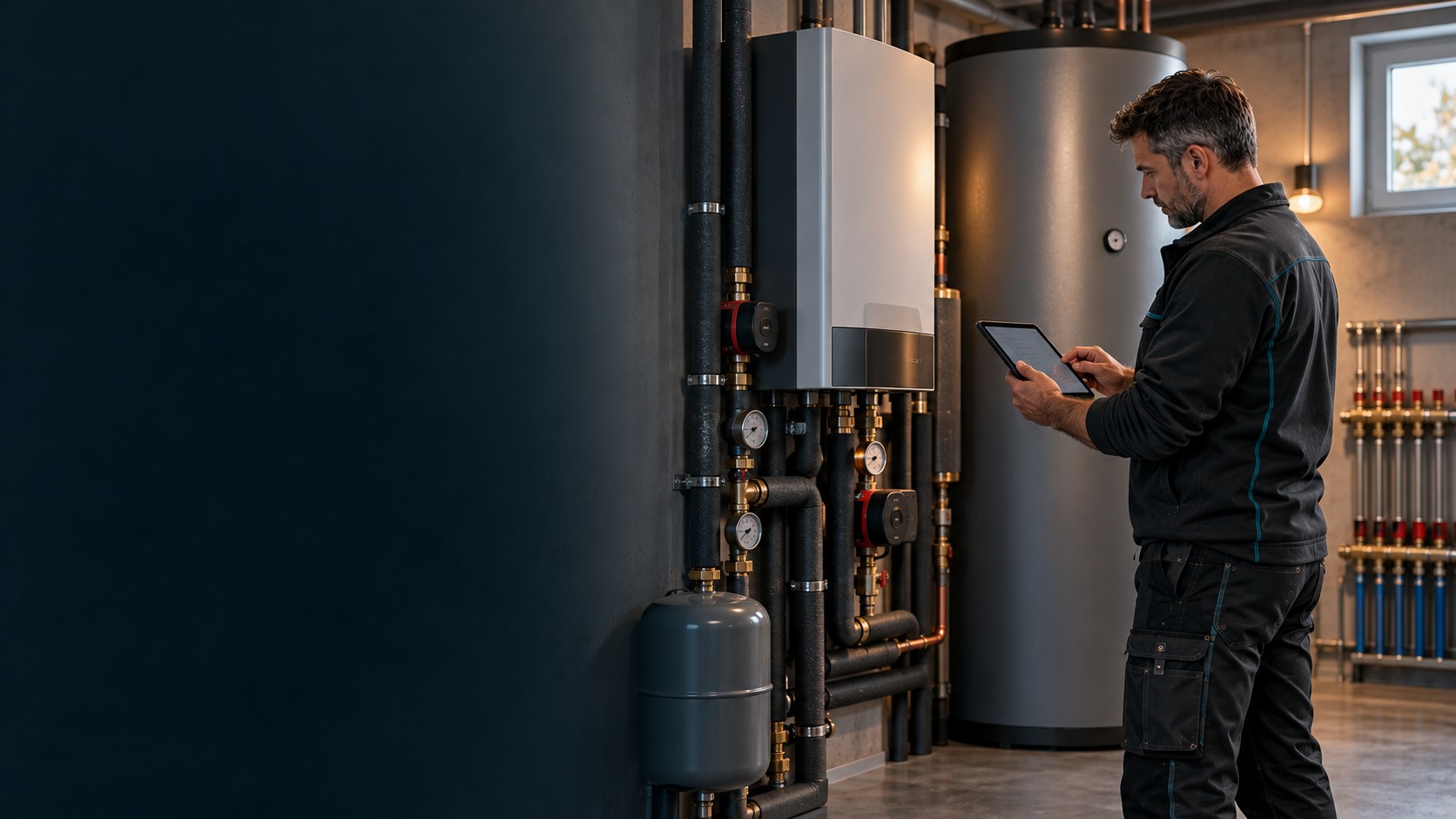 Sanova-Techniker prüft eine moderne Heizungsanlage mit Warmwasserspeicher im Heizungskeller