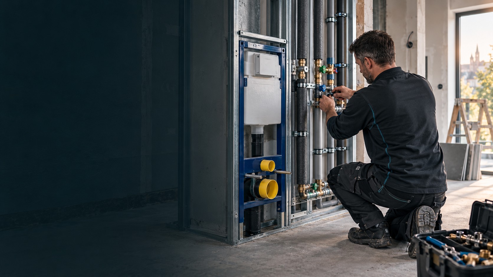 Sanova-Monteur installiert eine Vorwandinstallation mit Rohrleitungen im Rohbau in Wiesbaden